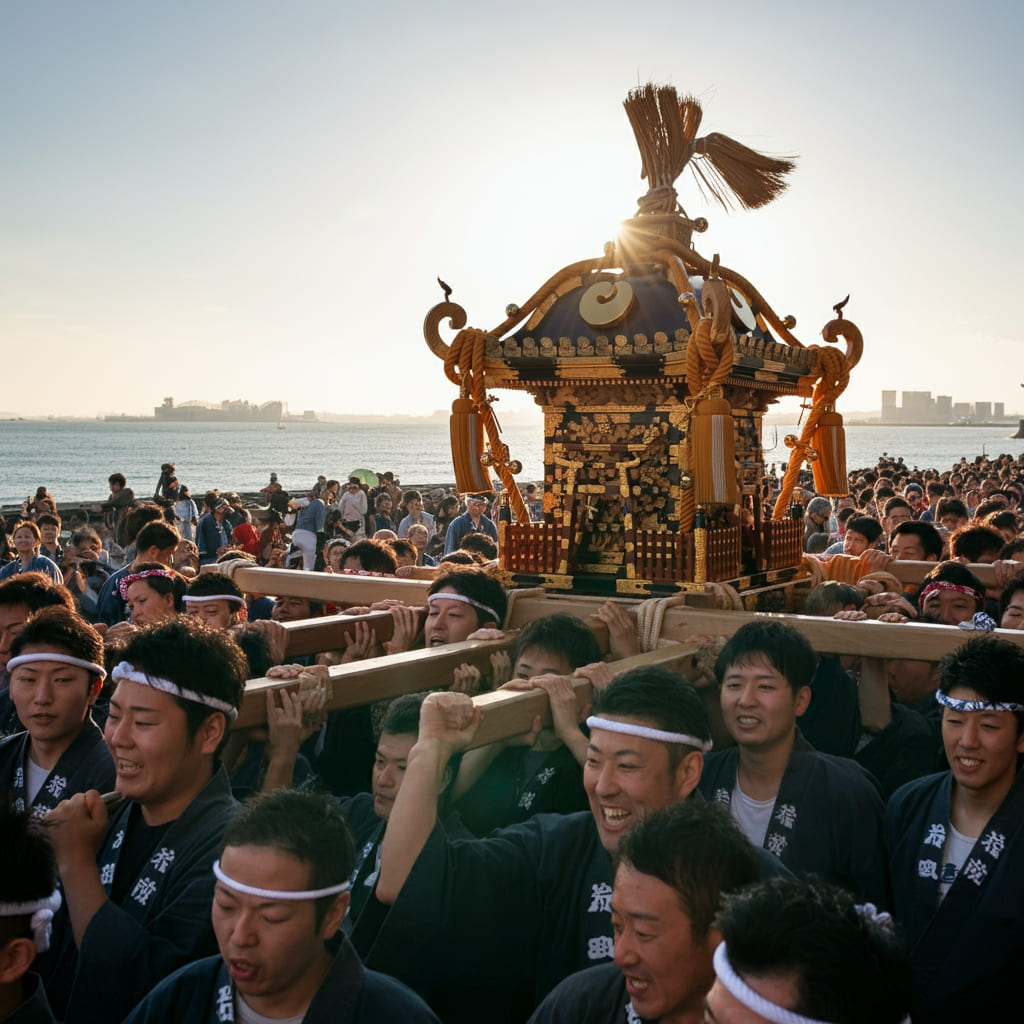 海沿いで神輿を担ぐ男たち